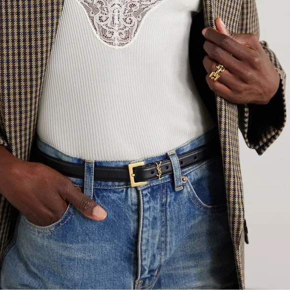 Authentic YSL Cassandra Black Leather Belt with Gold Buckle 75 - Picture 2 of 7